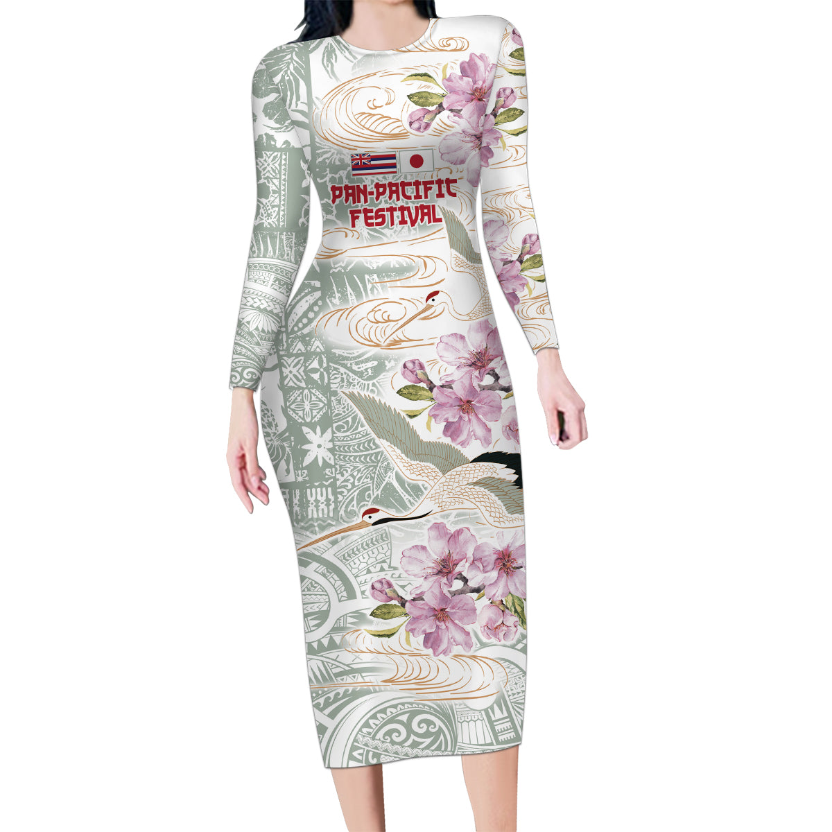 Personalized Japanese Shirasagi Bird Family Matching Long Sleeve Bodycon Dress and Hawaiian Shirt Sakura and Hibiscus Polynesian Pattern LT9 Mom's Dress White - Polynesian Pride