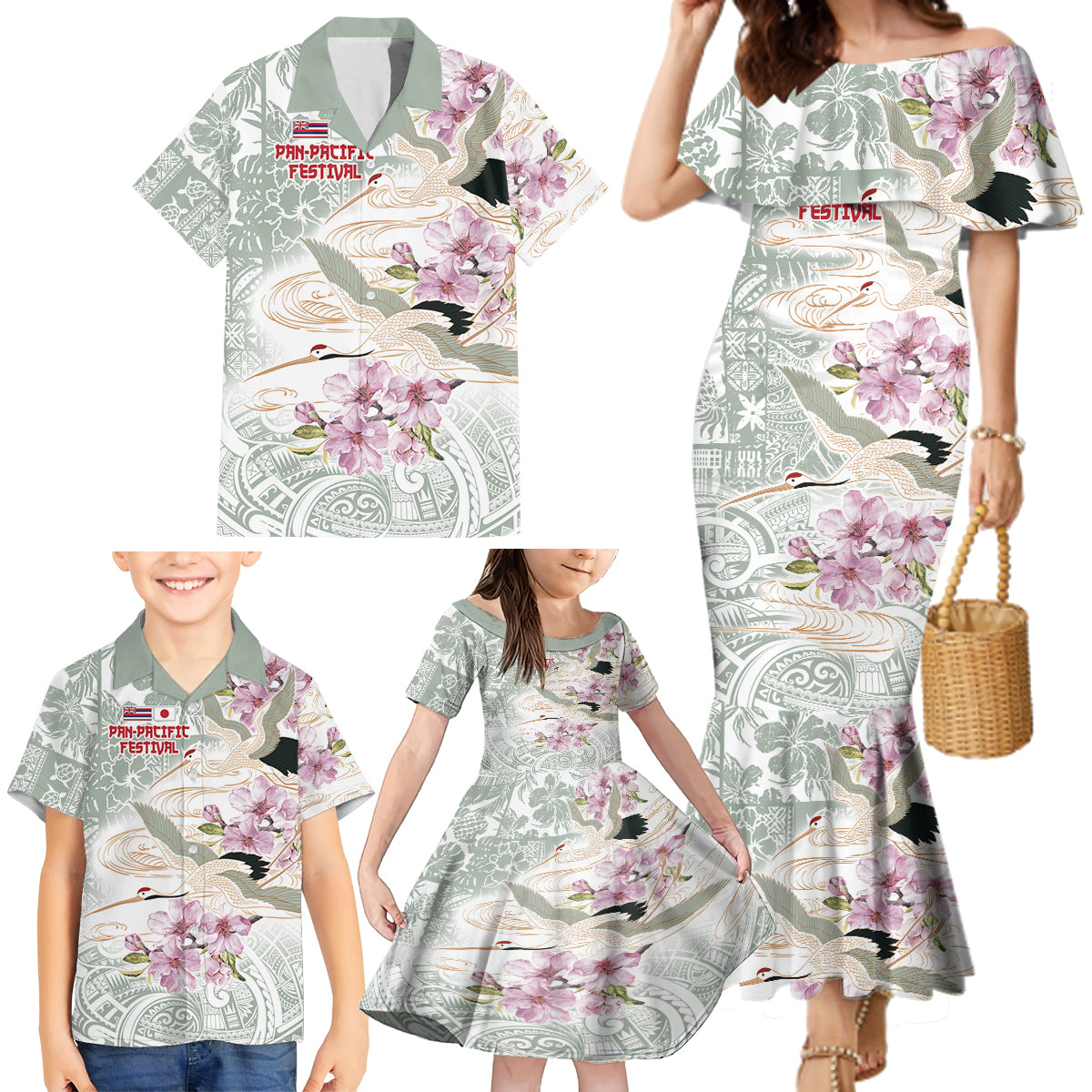 Personalized Japanese Shirasagi Bird Family Matching Mermaid Dress and Hawaiian Shirt Sakura and Hibiscus Polynesian Pattern LT9 - Polynesian Pride