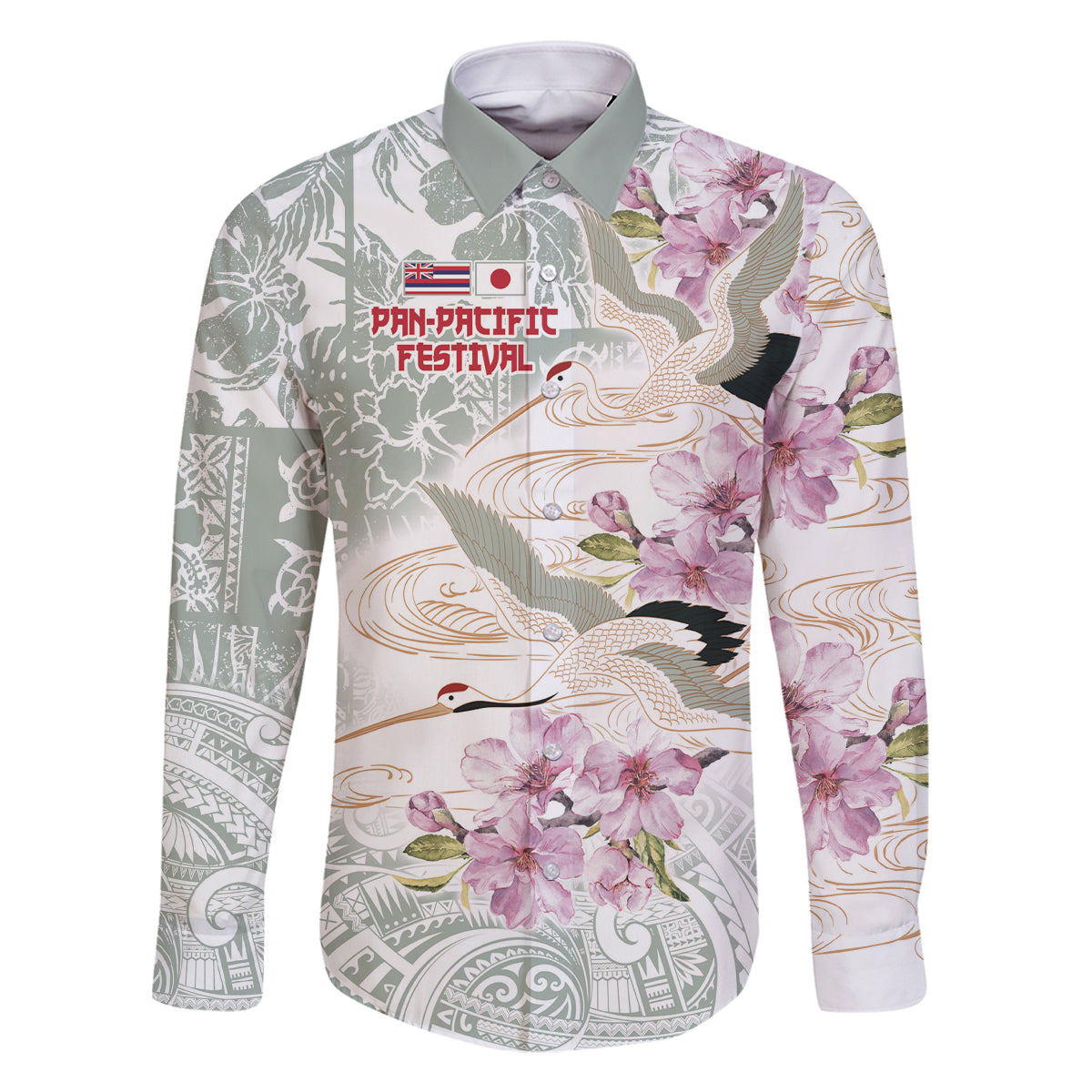 Personalized Japanese Shirasagi Bird Family Matching Mermaid Dress and Hawaiian Shirt Sakura and Hibiscus Polynesian Pattern LT9 Dad's Shirt - Long Sleeve White - Polynesian Pride