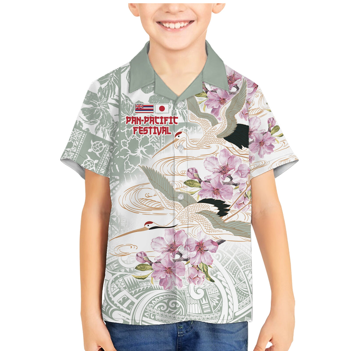 Personalized Japanese Shirasagi Bird Family Matching Mermaid Dress and Hawaiian Shirt Sakura and Hibiscus Polynesian Pattern LT9 Son's Shirt White - Polynesian Pride