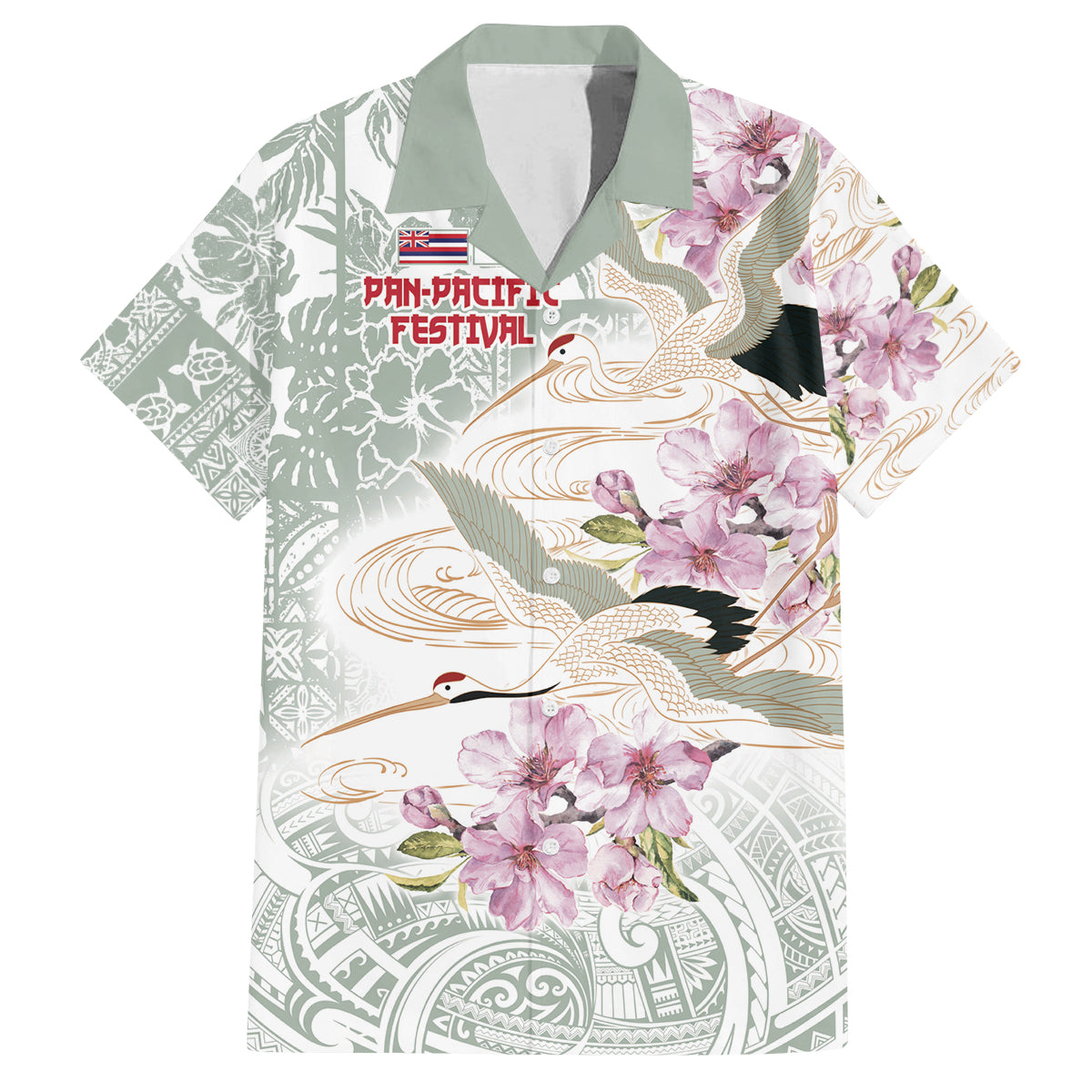 Personalized Japanese Shirasagi Bird Family Matching Off Shoulder Maxi Dress and Hawaiian Shirt Sakura and Hibiscus Polynesian Pattern