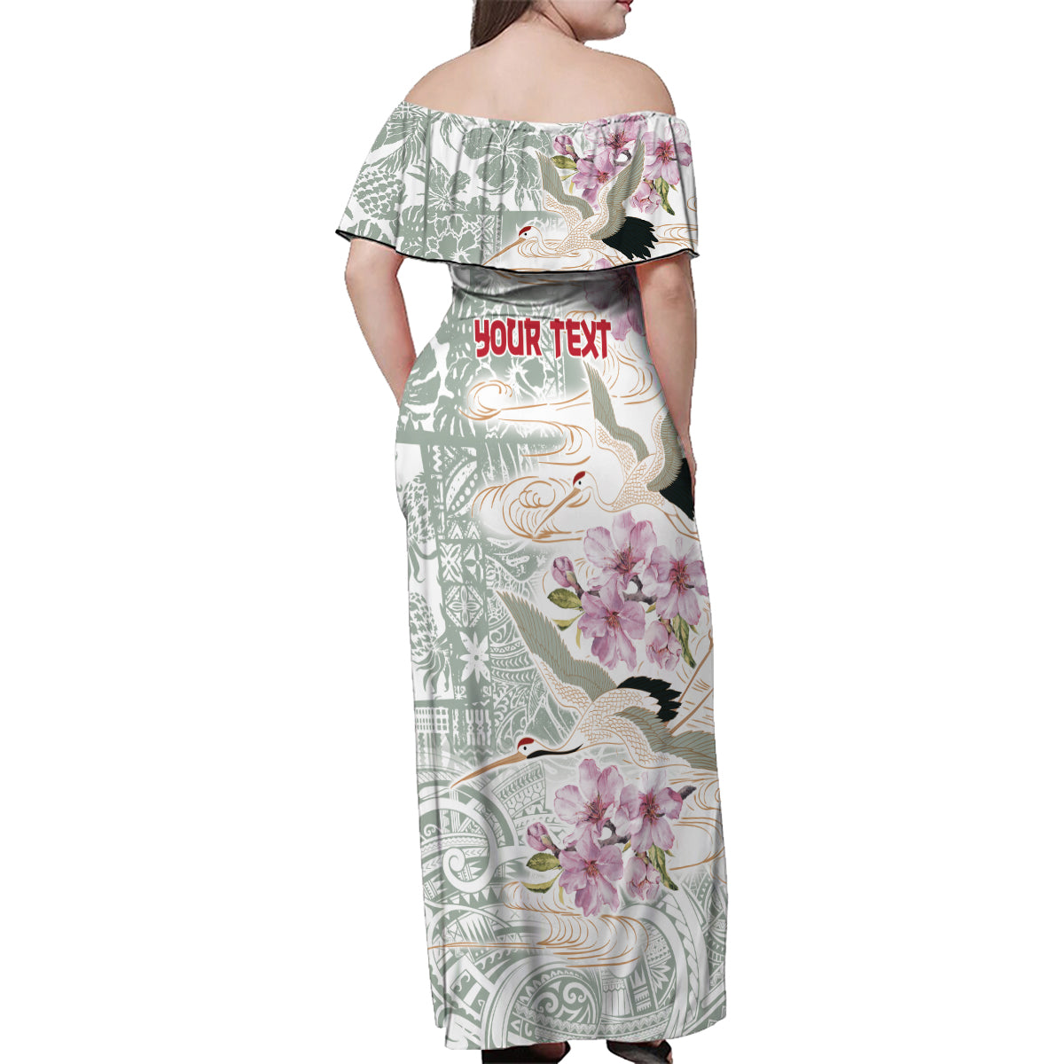 Personalized Japanese Shirasagi Bird Family Matching Off Shoulder Maxi Dress and Hawaiian Shirt Sakura and Hibiscus Polynesian Pattern