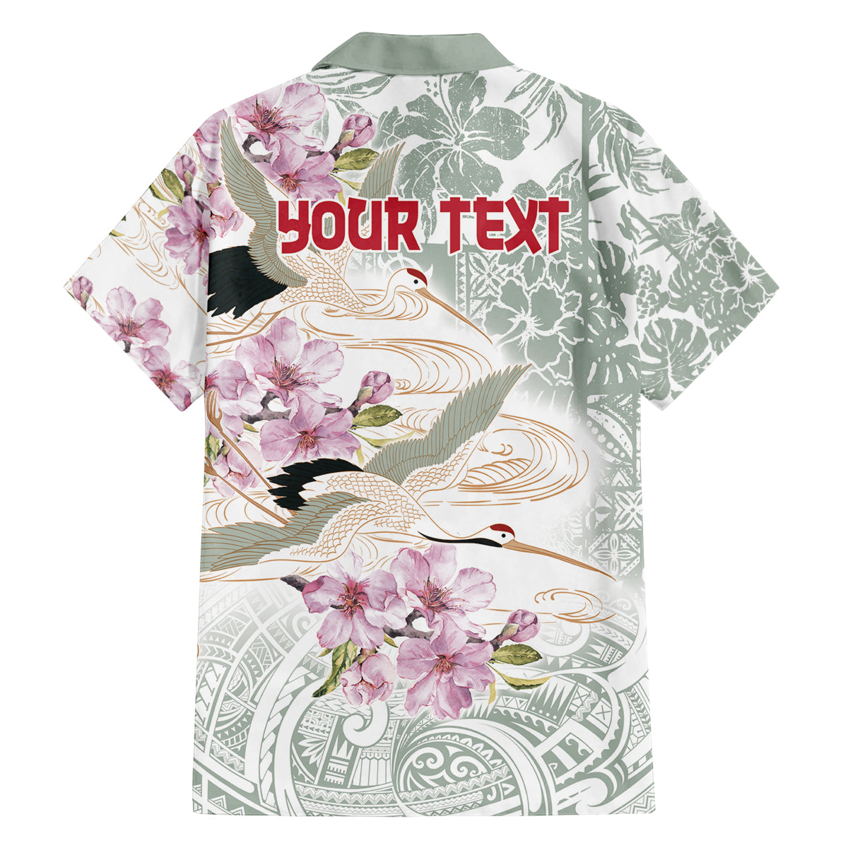 Personalized Japanese Shirasagi Bird Family Matching Off Shoulder Short Dress and Hawaiian Shirt Sakura and Hibiscus Polynesian Pattern