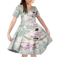 Personalized Japanese Shirasagi Bird Family Matching Short Sleeve Bodycon Dress and Hawaiian Shirt Sakura and Hibiscus Polynesian Pattern LT9 Daughter's Dress White - Polynesian Pride