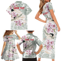 Personalized Japanese Shirasagi Bird Family Matching Short Sleeve Bodycon Dress and Hawaiian Shirt Sakura and Hibiscus Polynesian Pattern LT9 - Polynesian Pride