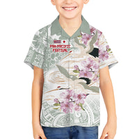 Personalized Japanese Shirasagi Bird Kid Hawaiian Shirt Sakura and Hibiscus Polynesian Pattern