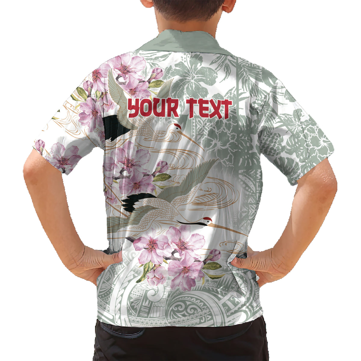 Personalized Japanese Shirasagi Bird Kid Hawaiian Shirt Sakura and Hibiscus Polynesian Pattern
