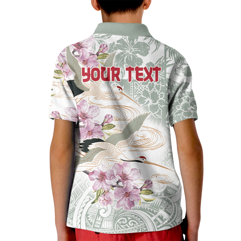 Personalized Japanese Shirasagi Bird Kid Polo Shirt Sakura and Hibiscus Polynesian Pattern