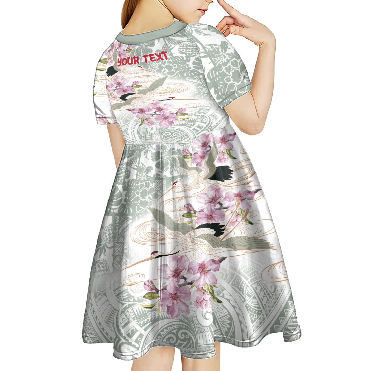 Personalized Japanese Shirasagi Bird Kid Short Sleeve Dress Sakura and Hibiscus Polynesian Pattern