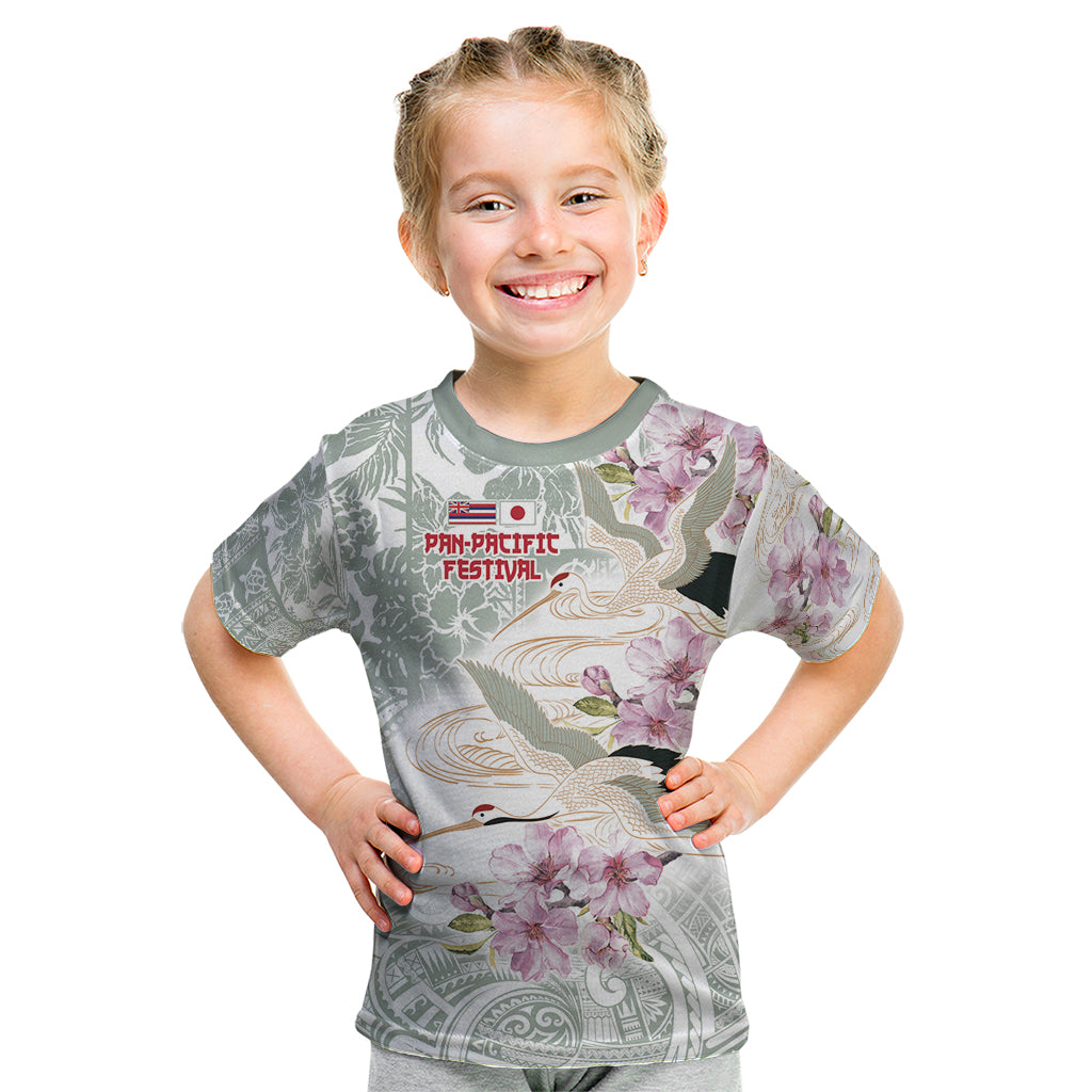 Personalized Japanese Shirasagi Bird Kid T Shirt Sakura and Hibiscus Polynesian Pattern