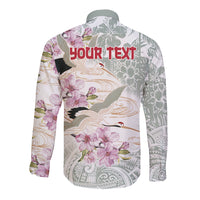 Personalized Japanese Shirasagi Bird Long Sleeve Button Shirt Sakura and Hibiscus Polynesian Pattern