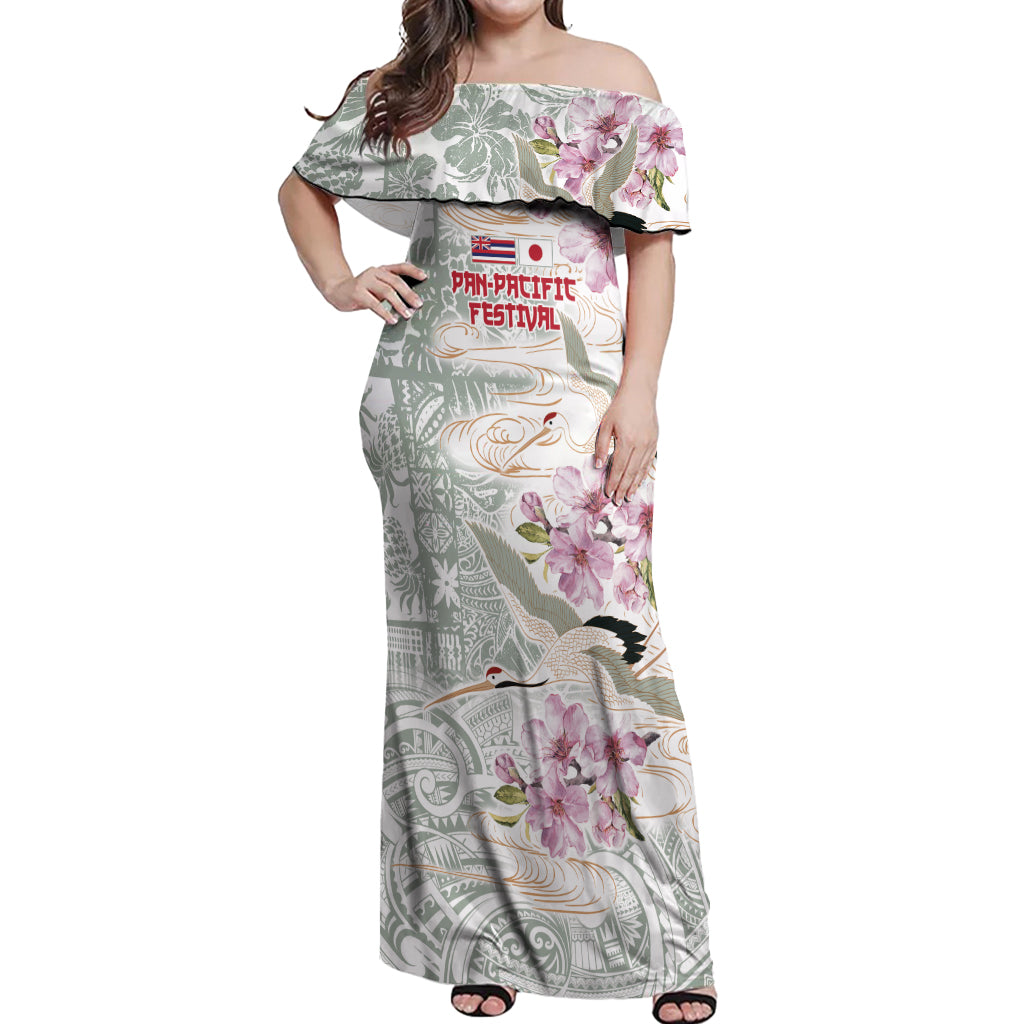 Personalized Japanese Shirasagi Bird Off Shoulder Maxi Dress Sakura and Hibiscus Polynesian Pattern