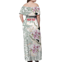 Personalized Japanese Shirasagi Bird Off Shoulder Maxi Dress Sakura and Hibiscus Polynesian Pattern