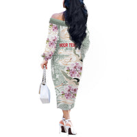 Personalized Japanese Shirasagi Bird Off The Shoulder Long Sleeve Dress Sakura and Hibiscus Polynesian Pattern LT9 - Polynesian Pride