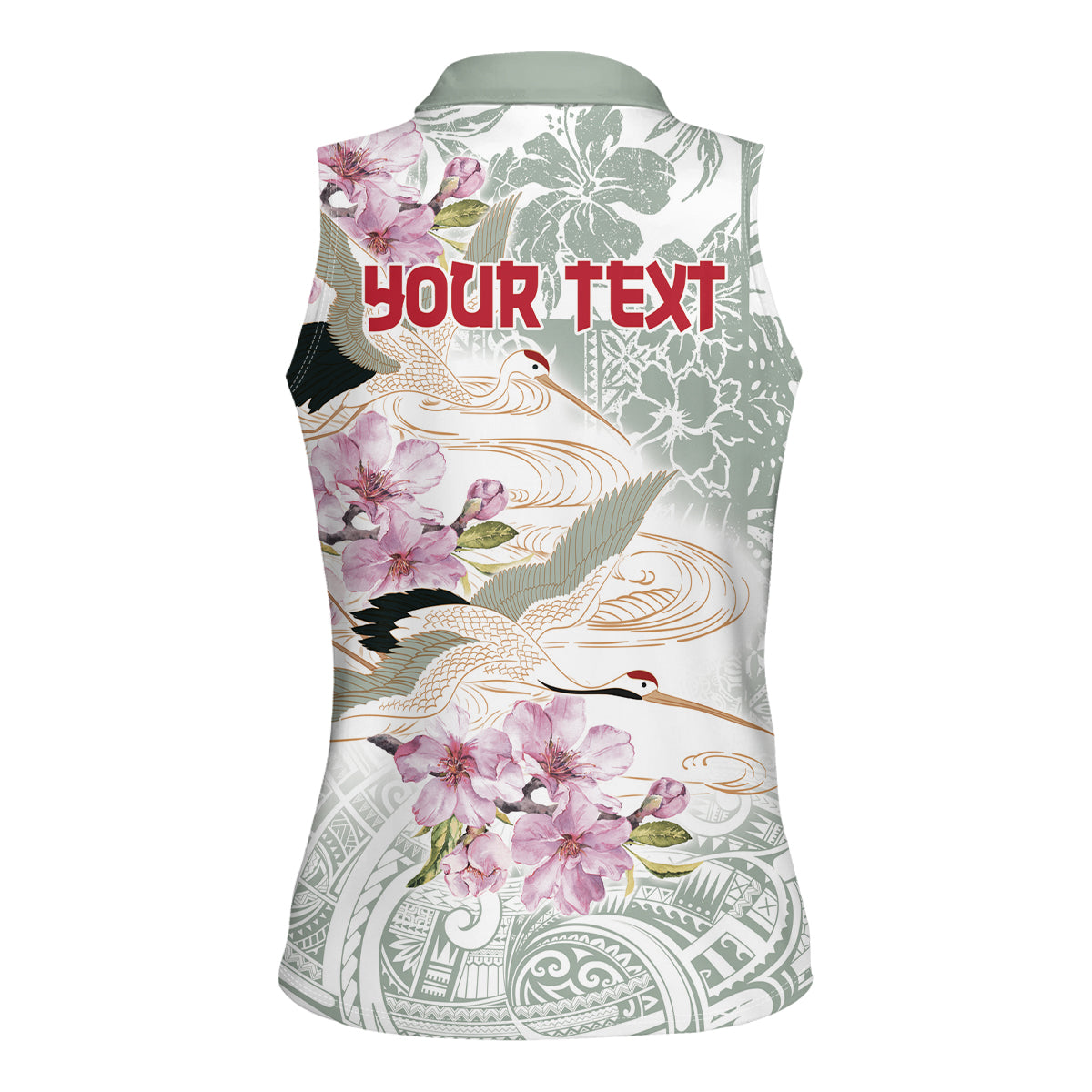 Personalized Japanese Shirasagi Bird Women Sleeveless Polo Shirt Sakura and Hibiscus Polynesian Pattern