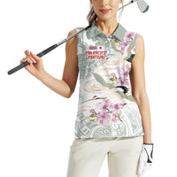 Personalized Japanese Shirasagi Bird Women Sleeveless Polo Shirt Sakura and Hibiscus Polynesian Pattern