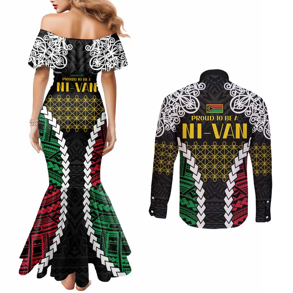 Halo Vanuatu Pride Couples Matching Mermaid Dress and Long Sleeve Button Shirt Vanuatuan Sand Drawing Pattern