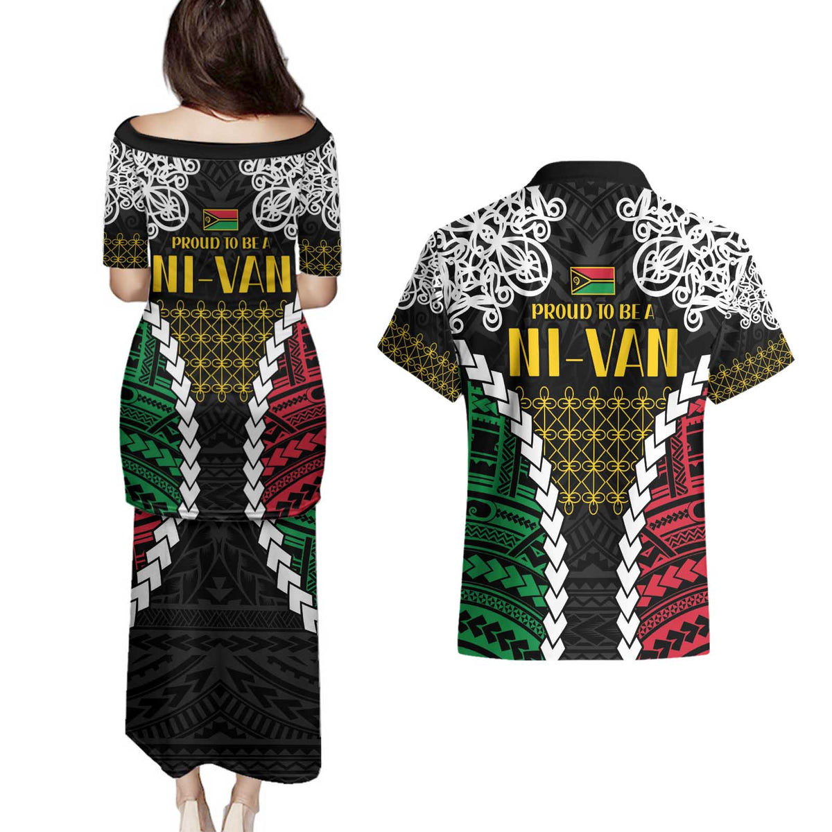 Halo Vanuatu Pride Couples Matching Puletasi and Hawaiian Shirt Vanuatuan Sand Drawing Pattern