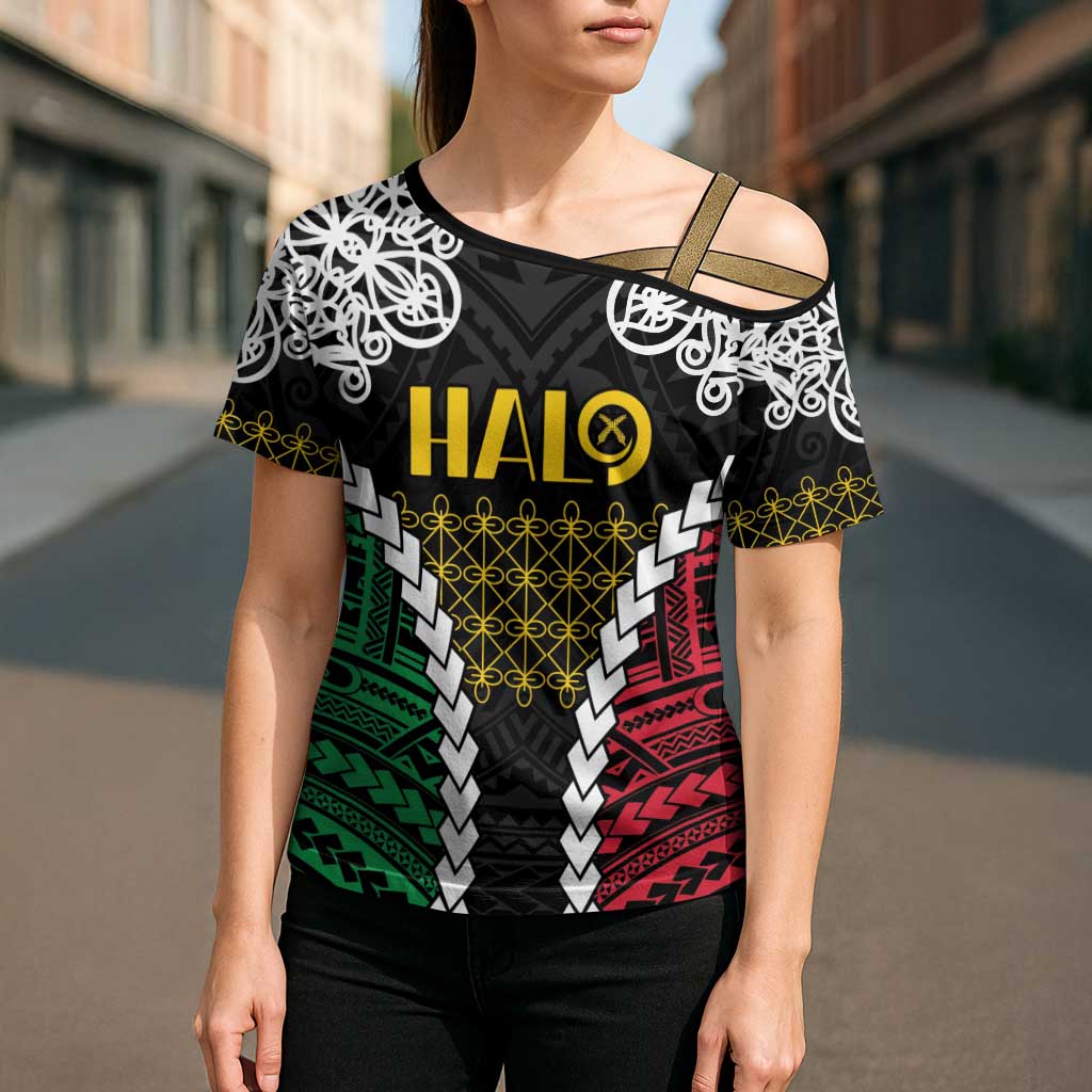 Halo Vanuatu Pride Cross Shoulder Shirt Vanuatuan Sand Drawing Pattern - Polynesian Pride