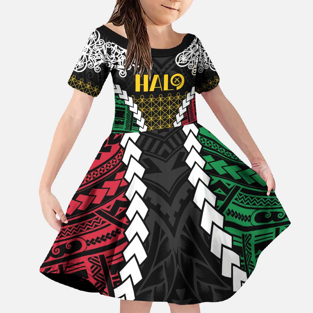 Halo Vanuatu Pride Family Matching Long Sleeve Bodycon Dress and Hawaiian Shirt Vanuatuan Sand Drawing Pattern LT9 Daughter's Dress Black - Polynesian Pride