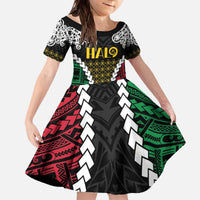 Halo Vanuatu Pride Family Matching Off The Shoulder Long Sleeve Dress and Hawaiian Shirt Vanuatuan Sand Drawing Pattern LT9 Daughter's Dress Black - Polynesian Pride