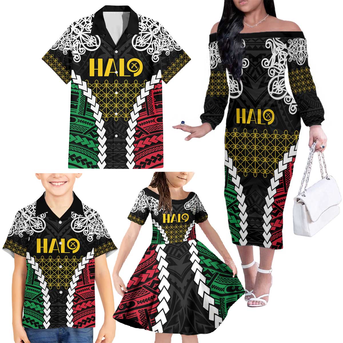 Halo Vanuatu Pride Family Matching Off The Shoulder Long Sleeve Dress and Hawaiian Shirt Vanuatuan Sand Drawing Pattern LT9 - Polynesian Pride