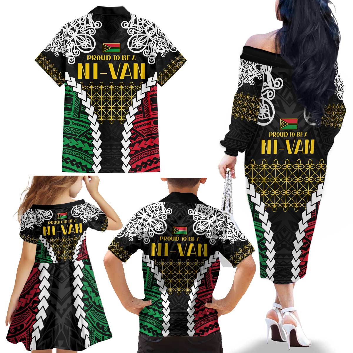 Halo Vanuatu Pride Family Matching Off The Shoulder Long Sleeve Dress and Hawaiian Shirt Vanuatuan Sand Drawing Pattern LT9 - Polynesian Pride