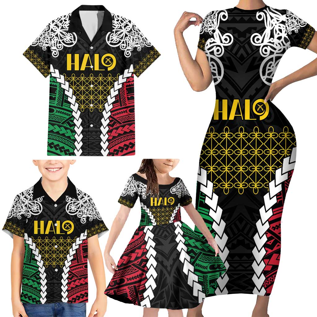 Halo Vanuatu Pride Family Matching Short Sleeve Bodycon Dress and Hawaiian Shirt Vanuatuan Sand Drawing Pattern LT9 - Polynesian Pride