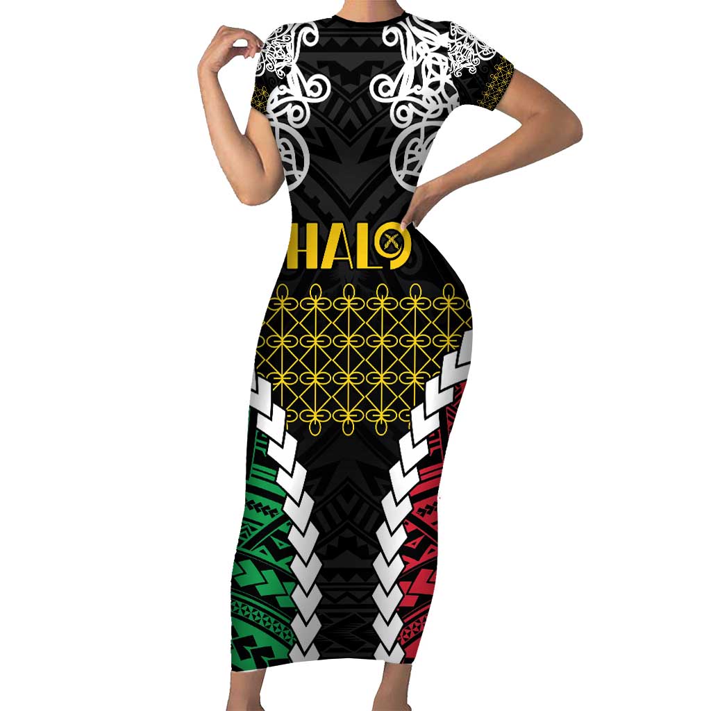 Halo Vanuatu Pride Family Matching Short Sleeve Bodycon Dress and Hawaiian Shirt Vanuatuan Sand Drawing Pattern LT9 Mom's Dress Black - Polynesian Pride