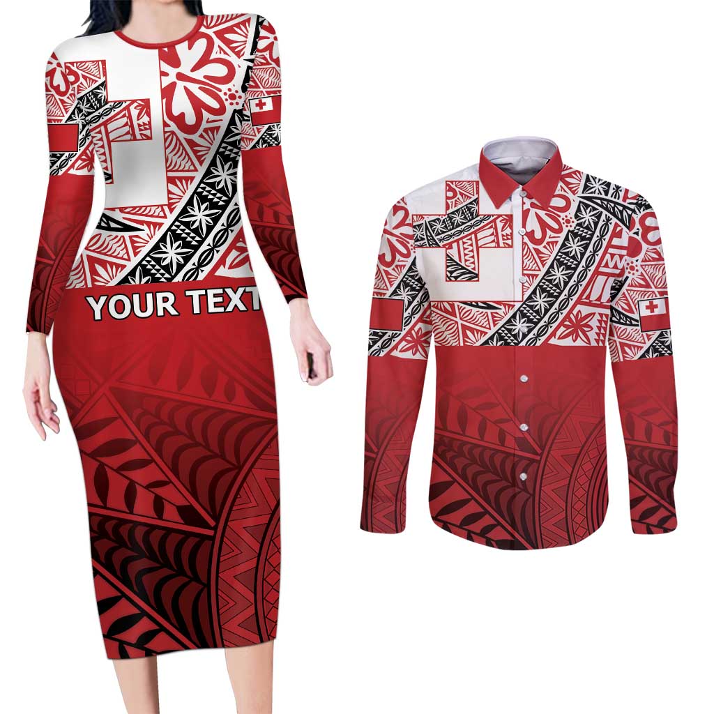 Malo e lelei Tonga Couples Matching Long Sleeve Bodycon Dress and Long Sleeve Button Shirt Ngatu Tokelau Feletoa Fata Traditional Polynesian Pattern