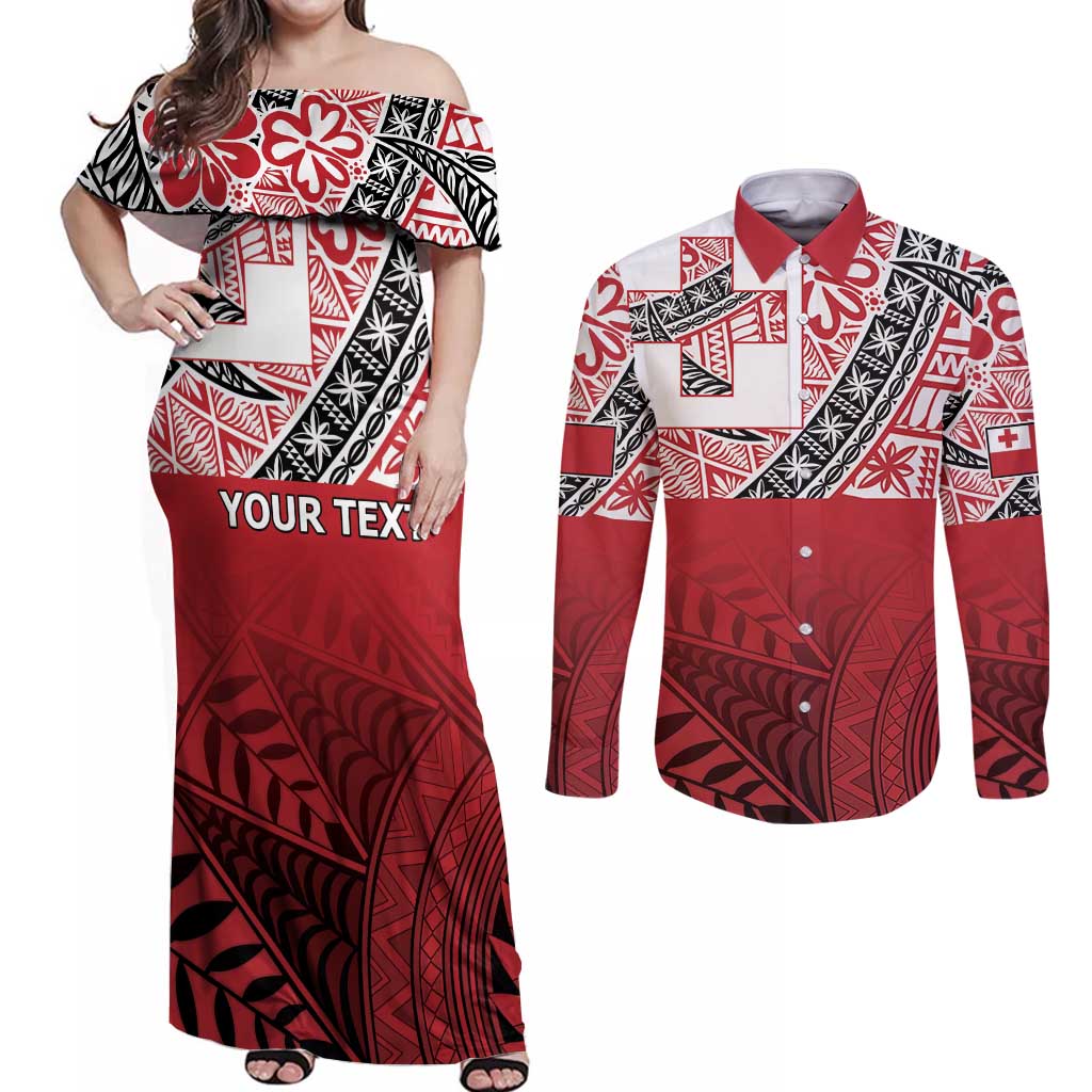Malo e lelei Tonga Couples Matching Off Shoulder Maxi Dress and Long Sleeve Button Shirt Ngatu Tokelau Feletoa Fata Traditional Polynesian Pattern