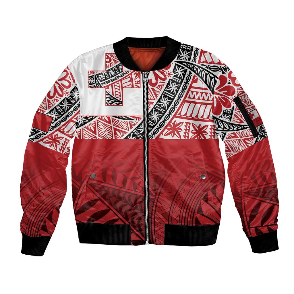 Malo e lelei Tonga Sleeve Zip Bomber Jacket Ngatu Tokelau Feletoa Fata Traditional Polynesian Pattern