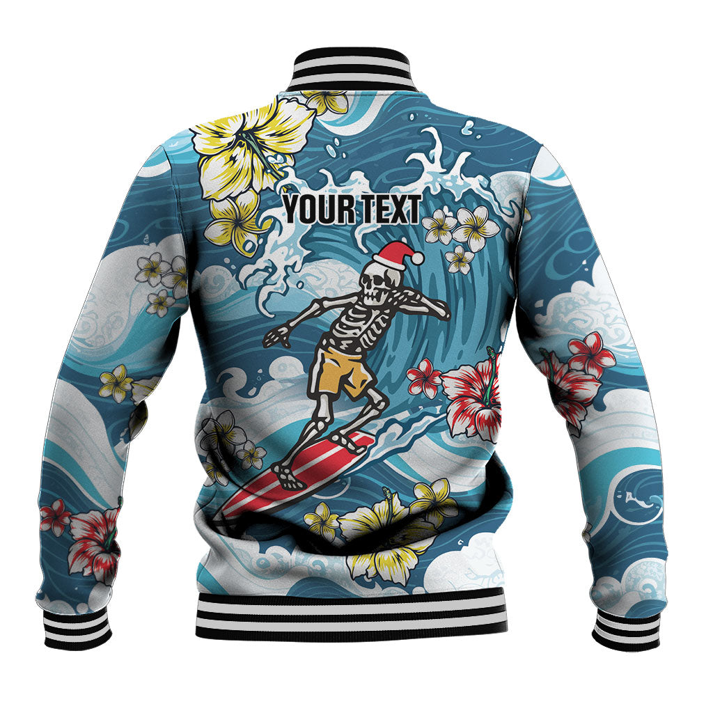 Hawaii Santa Skeleton Surfing Personalized Baseball Jacket Mele Kalikimaka i Iulai!