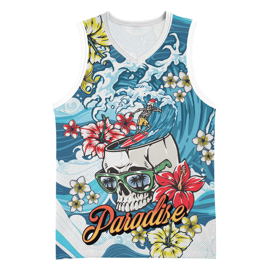 Hawaii Santa Skeleton Surfing Personalized Basketball Jersey Mele Kalikimaka i Iulai! LT9 Unisex Blue - Polynesian Pride