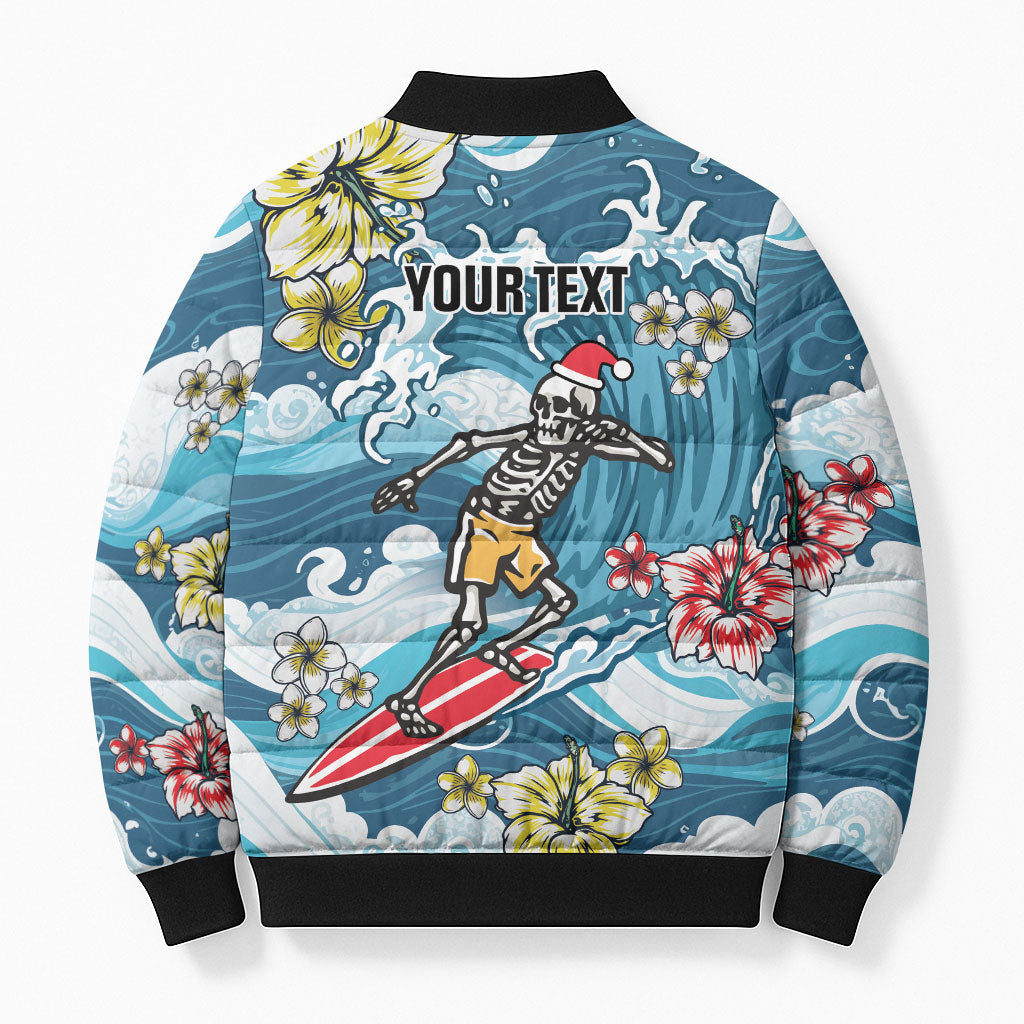 Hawaii Santa Skeleton Surfing Personalized Bomber Puffer Jacket Mele Kalikimaka i Iulai!