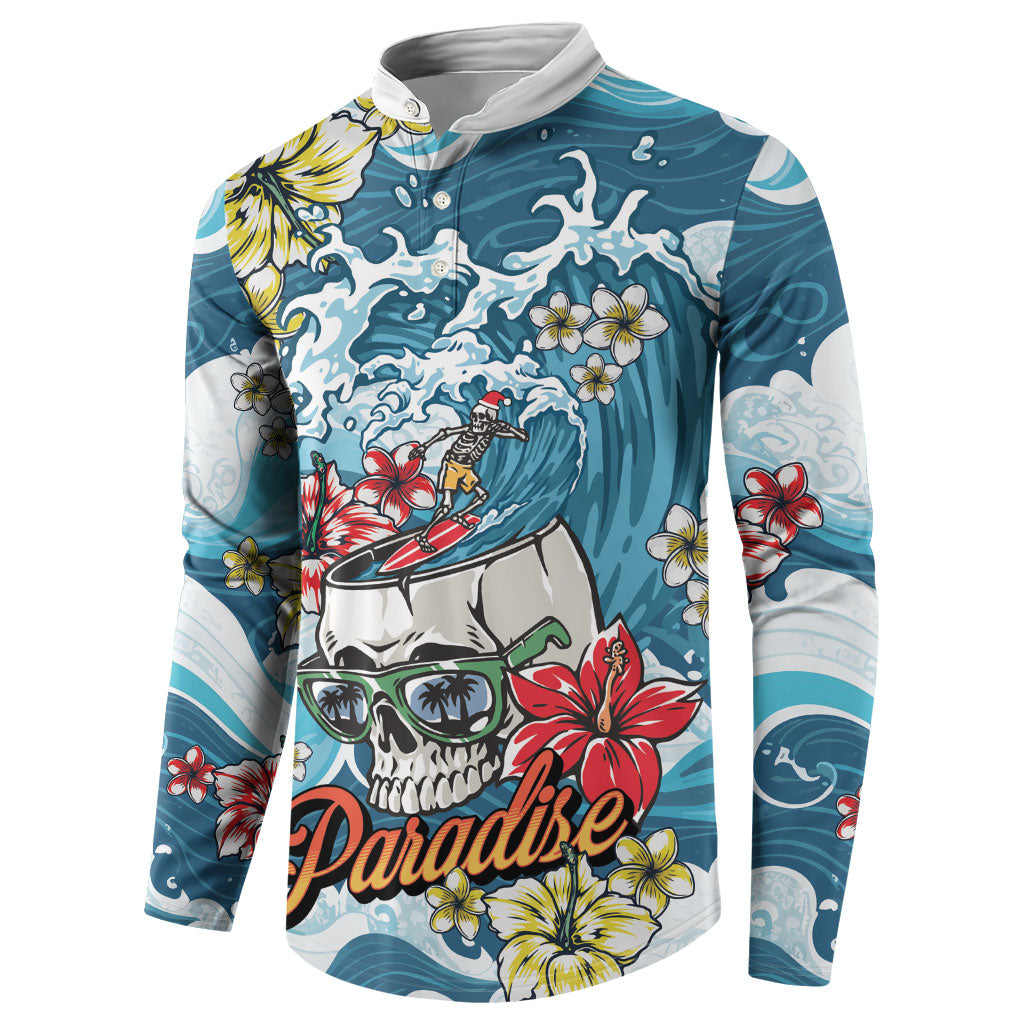 Hawaii Santa Skeleton Surfing Personalized Button Sweatshirt Mele Kalikimaka i Iulai!