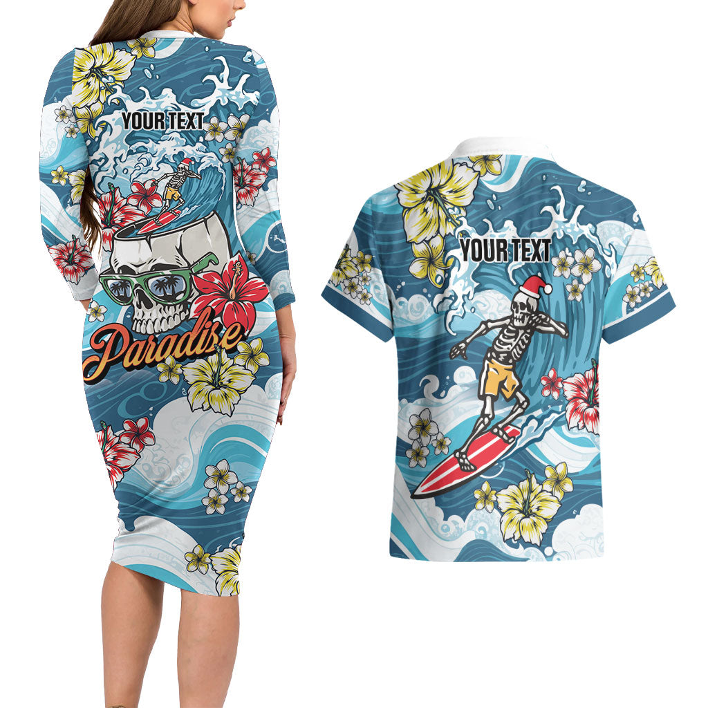 Hawaii Santa Skeleton Surfing Personalized Couples Matching Long Sleeve Bodycon Dress and Hawaiian Shirt Mele Kalikimaka i Iulai! LT9 - Polynesian Pride