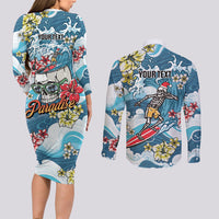 Hawaii Santa Skeleton Surfing Personalized Couples Matching Long Sleeve Bodycon Dress and Long Sleeve Button Shirt Mele Kalikimaka i Iulai!