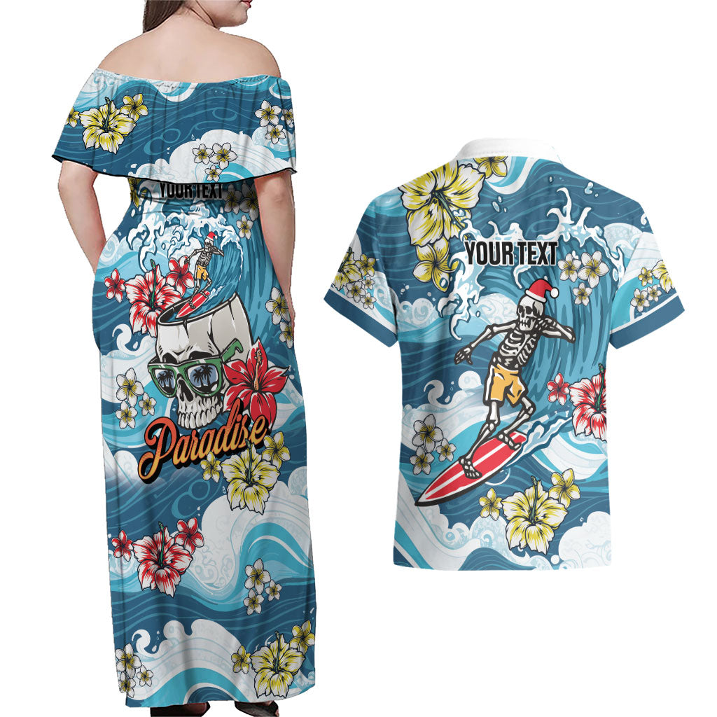 Hawaii Santa Skeleton Surfing Personalized Couples Matching Off Shoulder Maxi Dress and Hawaiian Shirt Mele Kalikimaka i Iulai!