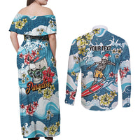 Hawaii Santa Skeleton Surfing Personalized Couples Matching Off Shoulder Maxi Dress and Long Sleeve Button Shirt Mele Kalikimaka i Iulai!