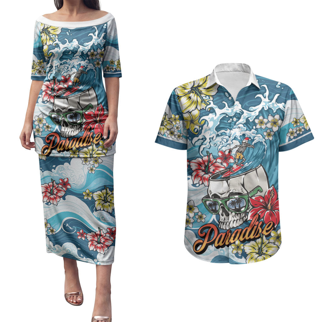 Hawaii Santa Skeleton Surfing Personalized Couples Matching Puletasi and Hawaiian Shirt Mele Kalikimaka i Iulai! LT9 Blue - Polynesian Pride