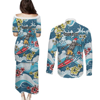 Hawaii Santa Skeleton Surfing Personalized Couples Matching Puletasi and Long Sleeve Button Shirt Mele Kalikimaka i Iulai!