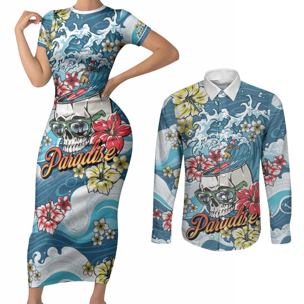 Hawaii Santa Skeleton Surfing Personalized Couples Matching Short Sleeve Bodycon Dress and Long Sleeve Button Shirt Mele Kalikimaka i Iulai! LT9 Blue - Polynesian Pride