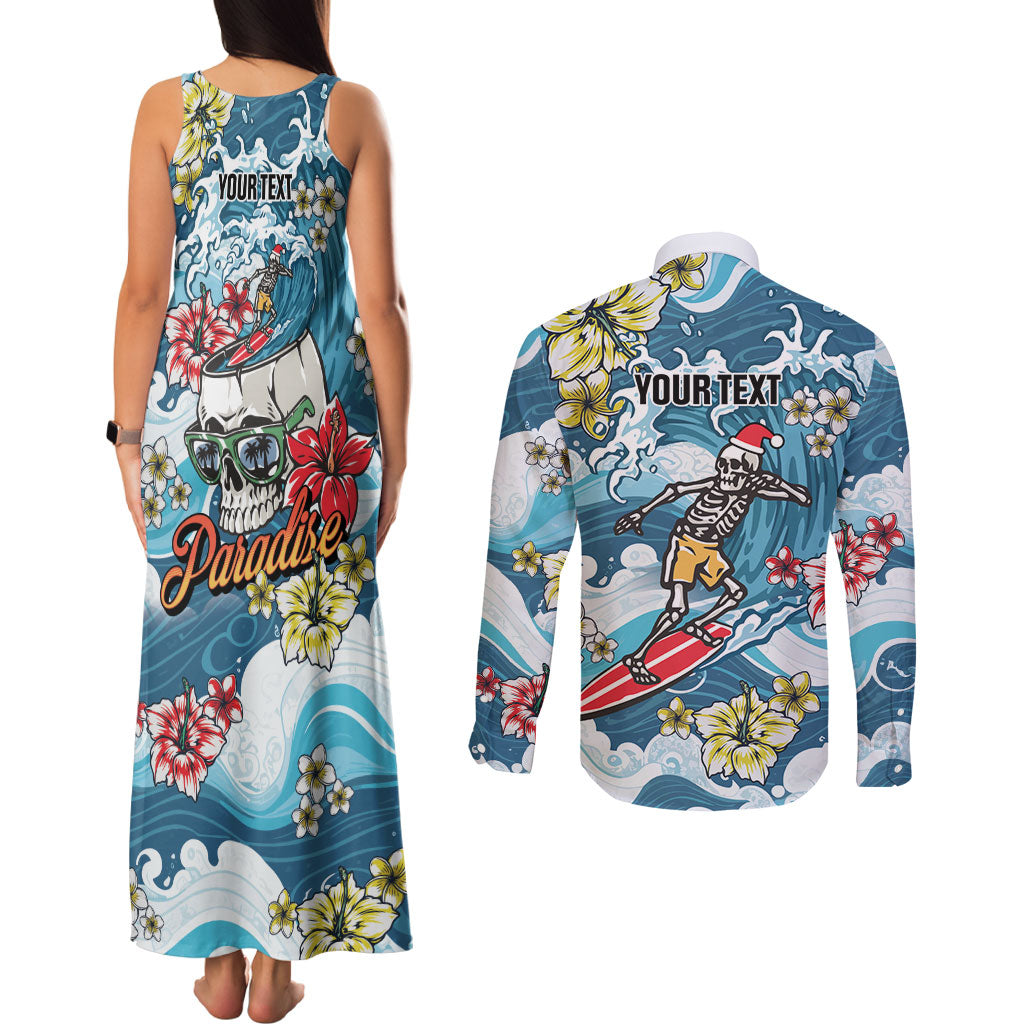 Hawaii Santa Skeleton Surfing Personalized Couples Matching Tank Maxi Dress and Long Sleeve Button Shirt Mele Kalikimaka i Iulai!