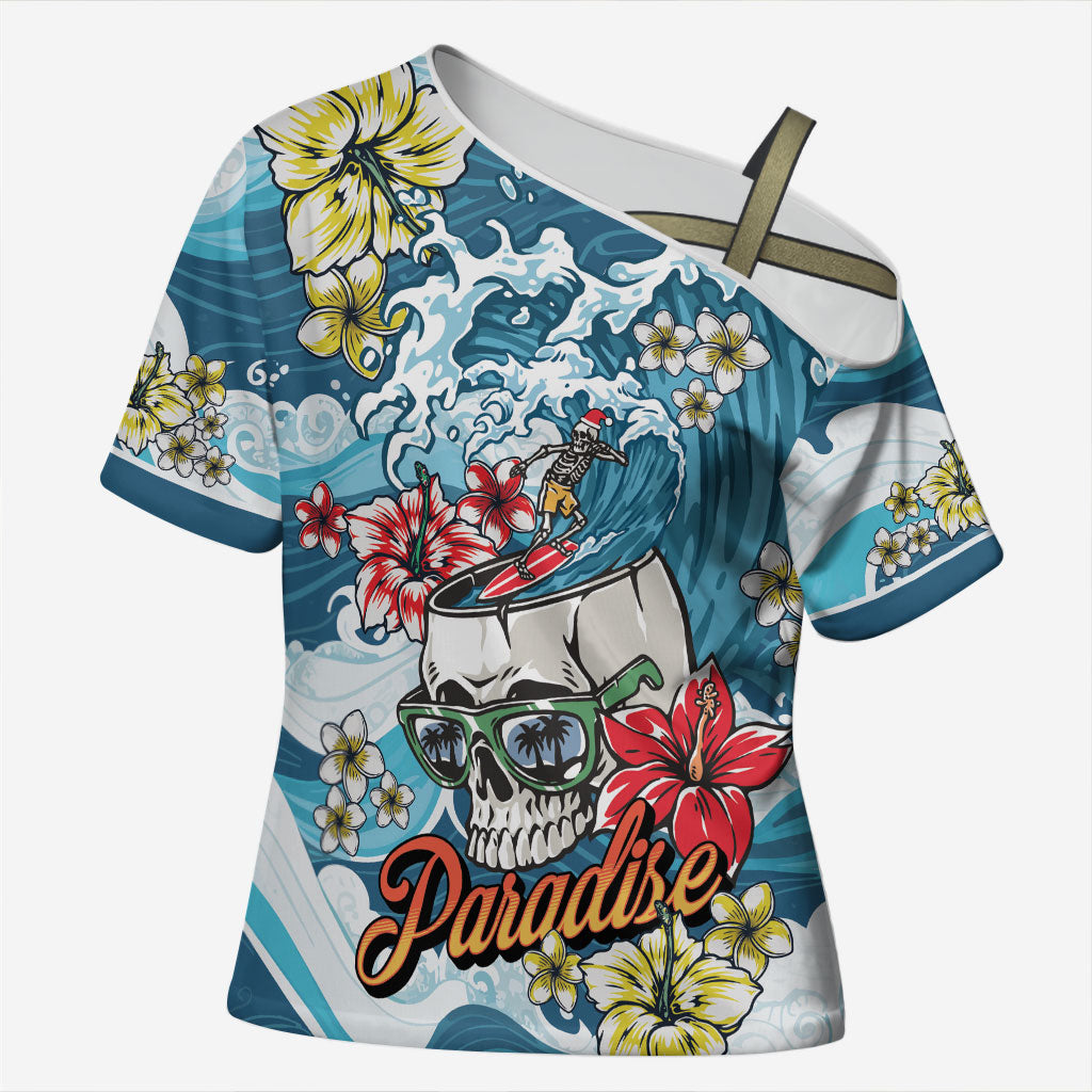 Hawaii Santa Skeleton Surfing Personalized Cross Shoulder Shirt Mele Kalikimaka i Iulai! LT9 Female Blue - Polynesian Pride