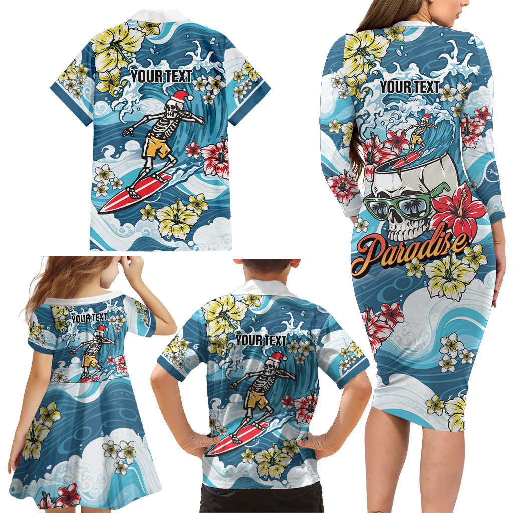 Hawaii Santa Skeleton Surfing Personalized Family Matching Long Sleeve Bodycon Dress and Hawaiian Shirt Mele Kalikimaka i Iulai! LT9 - Polynesian Pride