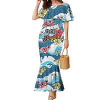 Hawaii Santa Skeleton Surfing Personalized Family Matching Mermaid Dress and Hawaiian Shirt Mele Kalikimaka i Iulai! LT9 Mom's Dress Blue - Polynesian Pride