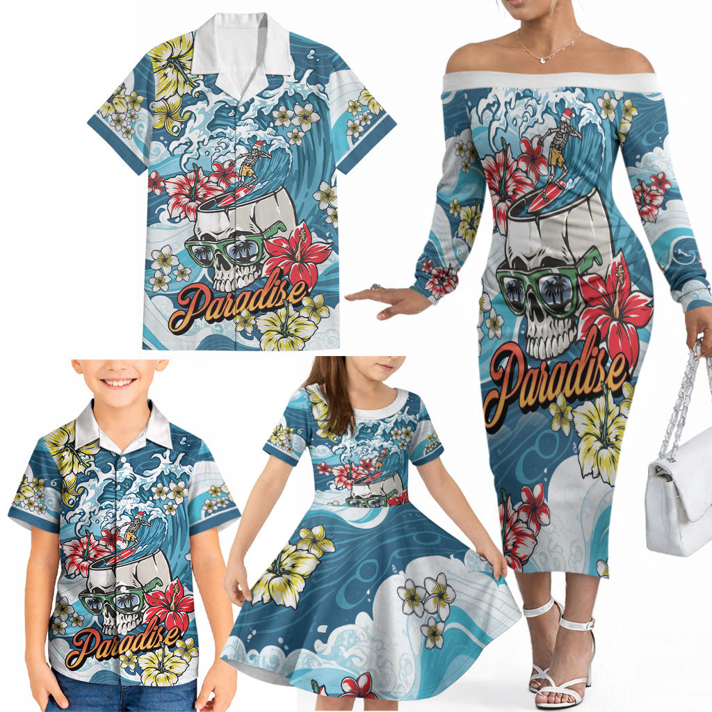 Hawaii Santa Skeleton Surfing Personalized Family Matching Off The Shoulder Long Sleeve Dress and Hawaiian Shirt Mele Kalikimaka i Iulai! LT9 - Polynesian Pride