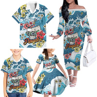Hawaii Santa Skeleton Surfing Personalized Family Matching Off The Shoulder Long Sleeve Dress and Hawaiian Shirt Mele Kalikimaka i Iulai! LT9 - Polynesian Pride