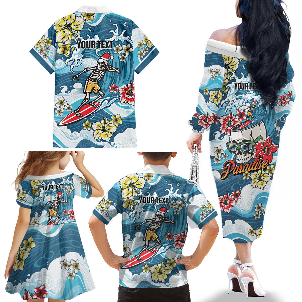Hawaii Santa Skeleton Surfing Personalized Family Matching Off The Shoulder Long Sleeve Dress and Hawaiian Shirt Mele Kalikimaka i Iulai! LT9 - Polynesian Pride